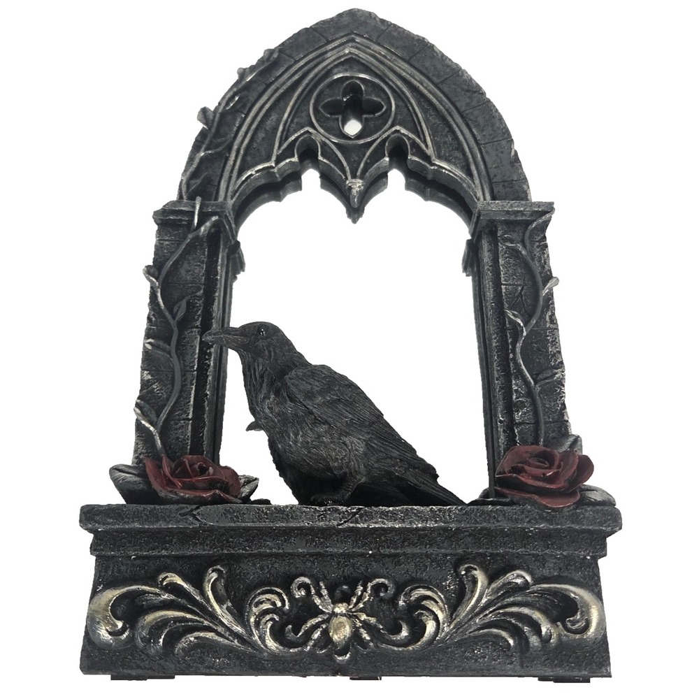 Gothic Raven Mirror Red Roses Cathedral Arch Victorian Halloween Decor 11 Inch